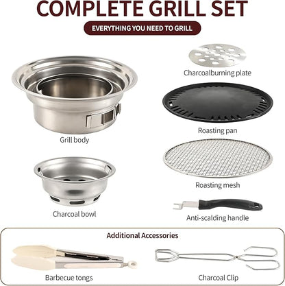 Mini Charcoal Grill 13.4" Stainless Portable BBQ Smoker Set for Camping | Compact for patio, park, travel, non-stick pan, mesh racks, cool-touch handle, tongs & coal clip set, lightweight travel