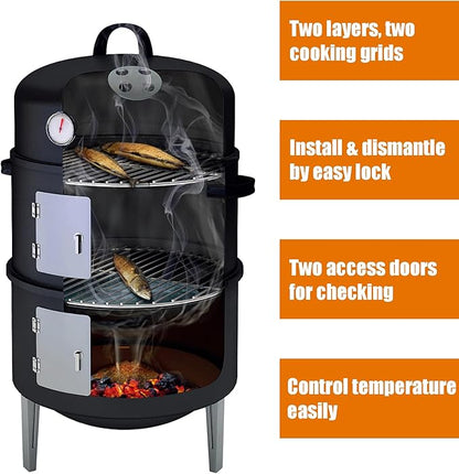 16" BBQ Smoker Grill Built in Thermometer, Air Vent and Two more biger Access Doors, Multi-Layer Meat Smoker Grill with 3 Heat-resistant Handles, Ideal for Outdoor Cooking, Camping, BBQ