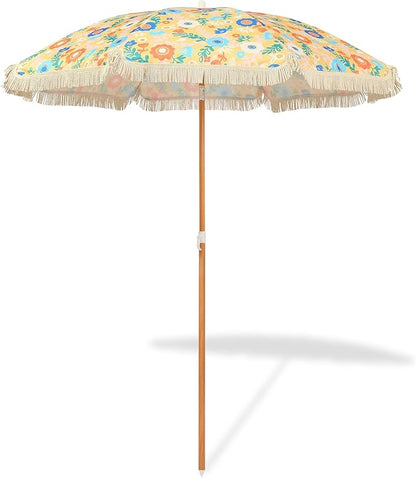 Seazul 5.2ft Patio Umbrella with Fringe, Beach Umbrella, Fringe Umbrella Outdoor Patio, Tilting Steel Pole, UV 50+, Fiberglass Ribs, Floral