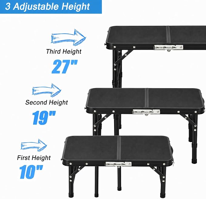 YUFIFAIRY Small Folding Table Portable, 24''L x16''W Foldable Camp Table | Lightweight Aluminum Frame, 3 Adjustable Height 10"/19"/27.5", For Indoor, Outdoor, Cooking, Picnic, All Black Table