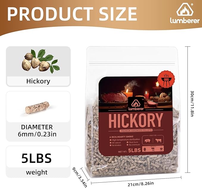 Lumberer Hickory Wood Pellets – Bold Smoky Flavor for Beef & Pork – 5LBS High-Heat BBQ Pellets, Clean Burn & Chemical-Free