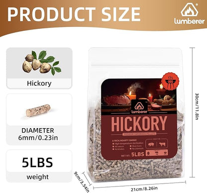 Lumberer Hickory Wood Pellets – Bold Smoky Flavor for Beef & Pork – 5LBS High-Heat BBQ Pellets, Clean Burn & Chemical-Free