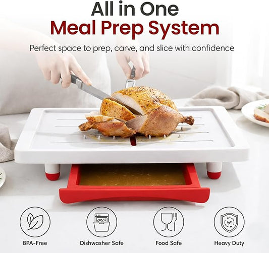 Large Cutting Board - Karving King Meal Prep System with Juice Groove, Spikes & Drip Tray - BPA Free Cutting Board - Patented Multi-Feature Design Carving Board - BBQ Essential & Kitchen Gifts