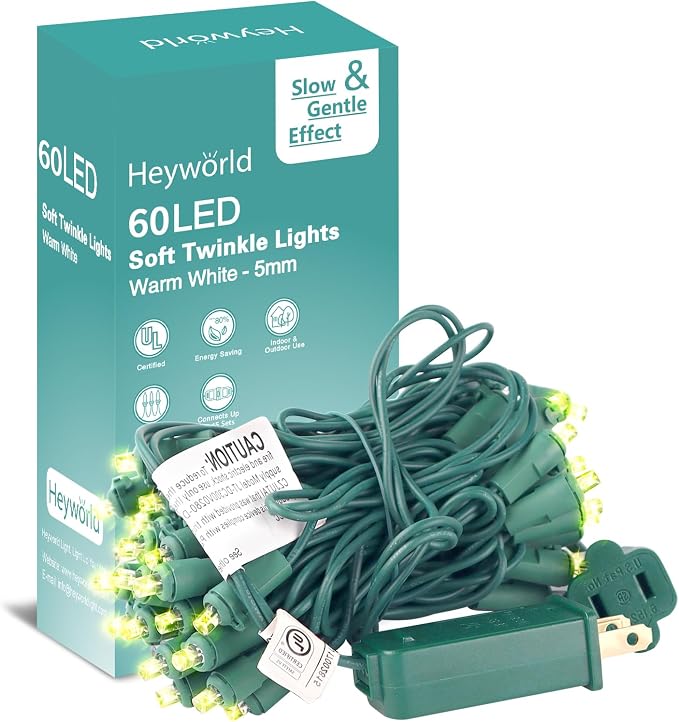 Heyworld Slow Twinkle Christmas Lights, 60 LED 17ft UL Certified Soft String Lights, 5mm Waterproof Fairy Glow for Indoor/Outdoor Christmas, Wedding, Garden Decor