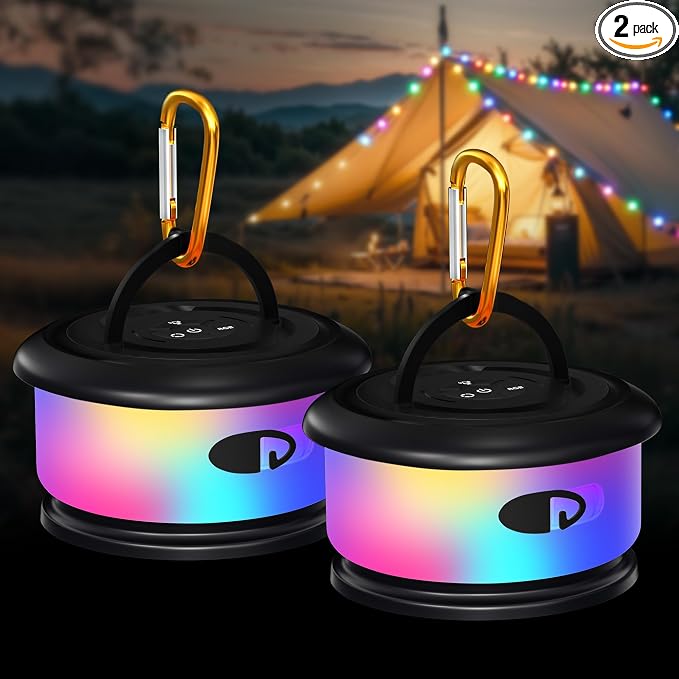 2-Pack Camping String Lights, Retractable 4 in 1 Camp Lights | 32.8FT Rechargeable Fairy Lamp Outdoor Waterproof, RGB Portable Hanging Lantern for Outside Tent Patio Awning RV Essentials