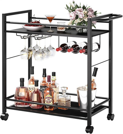 Joaxswe Bar Cart,Home Bar Serving Cart with Storage Shelves, 2 Tier Rolling Beverage Cart with Wheels, Modern Wine Cart with Wine Rack and Glass Holder for Kitchen, Living Room,Dinning Room,Black | 2 Tier Rolling Beverage Cart,Modern Wine Cart w/ Wine ...