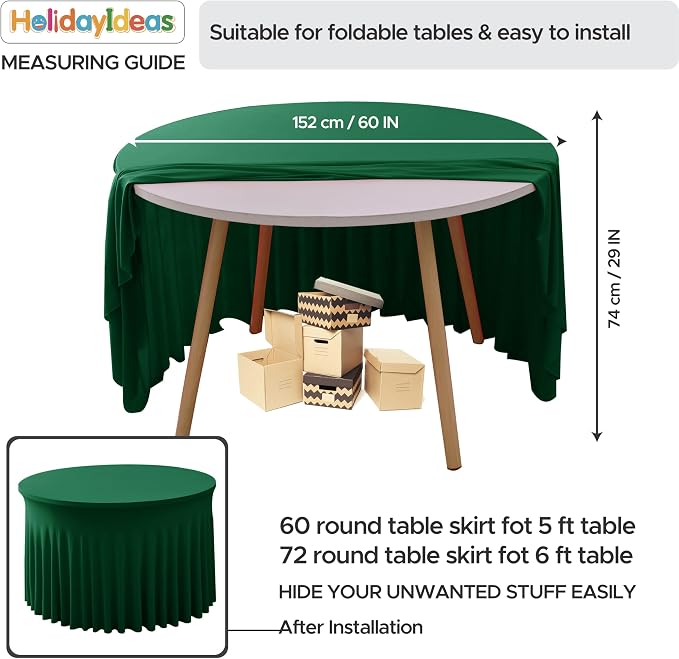 6 Pack Hunter Green Spandex Table Covers for Christmas, 60 Inch Round | Spandex Table Skirts, For 5 Ft Bridal Shower Cake Table, Ruffle Design Banquets, Baby Showers, Parties, Wrinkle Resistant
