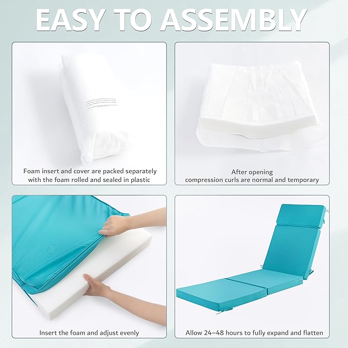 72 x 21 Inch Outdoor Chaise Lounge Cushions Set of 4 - Removable Cover, 4-Section Design, Water-Repellent & Fade-Resistant, 6 Tie Straps, Replacement for Patio & Pool Chairs - Teal