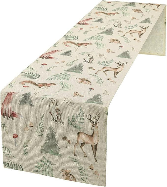 Rustic Woodland Table Runner for Kids, Cute Forest Animals, Country Lodge Cabin Wild Animal Bear Deer Fox Wolf Set, 13X120 Inch