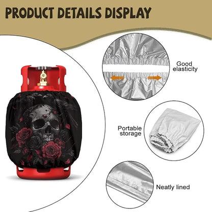 Propane Tank Covers 20lb Retro Outdoor Heavy Duty Waterproof Windproof Gas Tank Cylinder Cover with Elastic Brand, Dress up Your Gas Grill Skull Rose