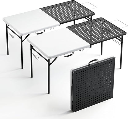 2 Pack 5ft Folding Table for Picnic Camping, Portable Outdoor Table with Metal Grid Grilling Surface, Heavy Duty Foldable Table for Cook Prep,Suitable for Camping, Backyard, Patio and Beach.