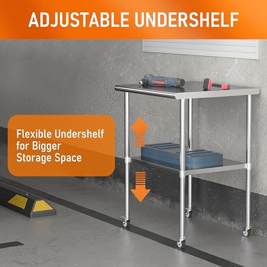 Stainless Steel Table with Wheels 30" x 30" Utility Worktable with Adjustable Undershelf for Commercial Kitchen, Garage, Restaurant