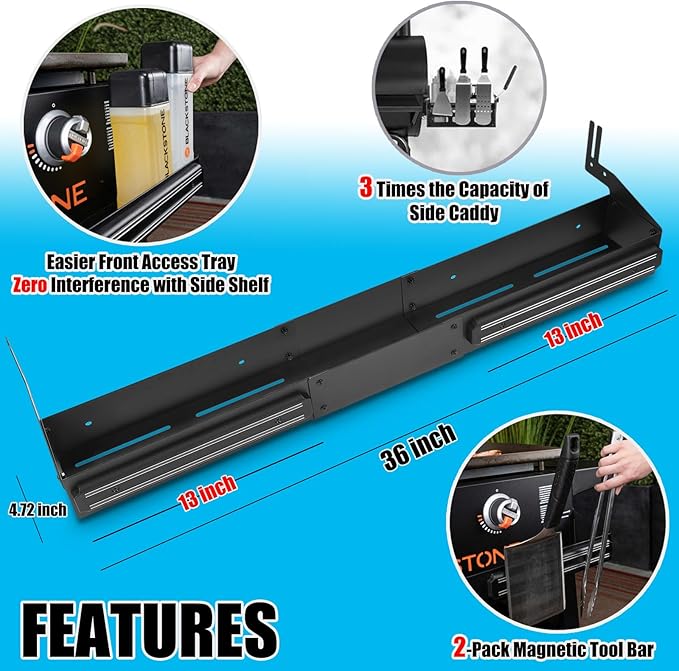 Front Griddle Caddy with 2-Pack Magnetic Tool Holder for Blackstone 36 Inch Griddle, Large Capacity Utensil & Condiment Organizer for Mess-Free BBQ, Easy-Access Grill Caddy for Accessories Storage