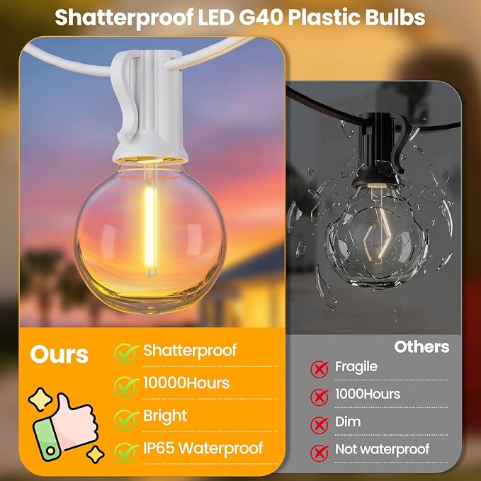 Mlambert 25FT Solar Powered String Lights Outdoor, Waterproof Solar Patio Light String with 10+1 Shatterproof LED G40 Bulbs for Backyard Garden-White