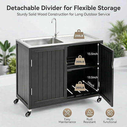 Outdoor Kitchen Island with 304 Stainless Steel Sink and Large Storage Cabinet,40-Inch BBQ Prep Station with Sink & 360 Lockable Wheels for Patio,Solid Wood Grill Cart，Backyard, Outdoor Party, Black