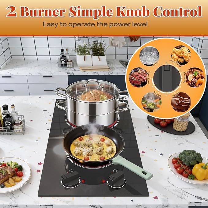 2 Burner Electric Cooktop - 110v Countertop and Built-in Electric Stove 2000W, 12 Inch Ceramic Stove with Residual Heat Indicator, Over-Temperature Protection, Knob Control, 110-120V Plug in