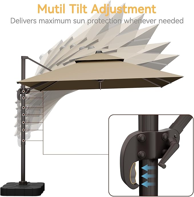 10x10 FT Patio Umbrella with Base, Large Cantilever Double Top Heavy Duty Offset Umbrellas with 360° Rotation, Outdoor shade for Garden Deck Pool, Tan