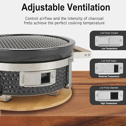 Yakitori Ceramic Charcoal Grill, Japanese Style Tabletop BBQ With Bamboo Heat Shield For Indoor/Outdoor, Round, DIA-14”