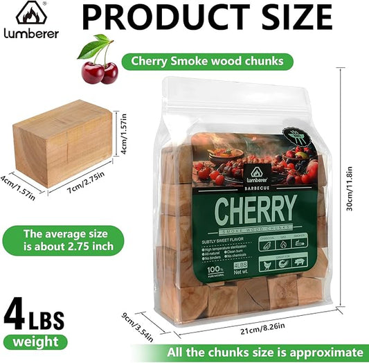 Lumberer Cherry Wood Smoking Chunks – 100% Natural Hardwood – Subtly Sweet Smoke for Poultry & Pork – Long Burn Time, Clean & Chemical-Free – 4LBS