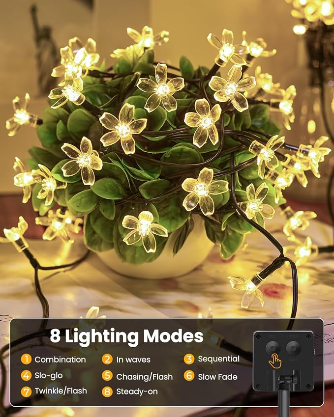 Brightown 60 LED Flower Solar String Lights Outdoor Waterproof, Fairy Lights for Garden Yard Fence Patio Christmas Tree Wedding Party Decor, Warm Whtie, 2 Pack