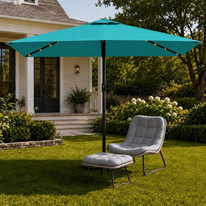6.5 x 10ft Rectangular Patio Umbrella with Solar Lights, 16 LED Lighted Market Umbrella with Push-Button Tilt and Crank, 6 Sturdy Iron Ribs for Garden, Deck, Pool, Turquoise Blue