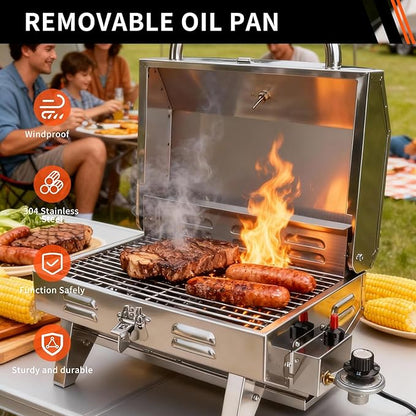 Boat Grill, 304 Stainless Steel Marine Grills w/Rod Holder Mount, Heat-Resistant Handle, Portable Propane BBQ for Boats & Tailgating & Camping, Built in Thermometer