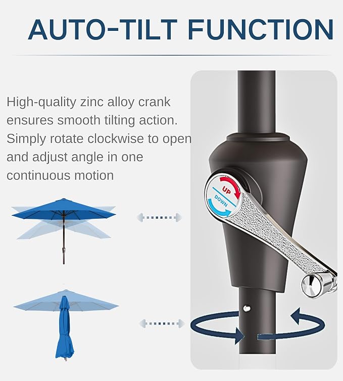 9FT Auto-Tilt Patio Umbrella|Outdoor Market Table Umbrella with 8 Fiberglass Ribs for Pool,Deck&Backyard