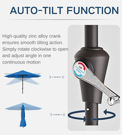 9FT Auto-Tilt Patio Umbrella|Outdoor Market Table Umbrella with 8 Fiberglass Ribs for Pool,Deck&Backyard