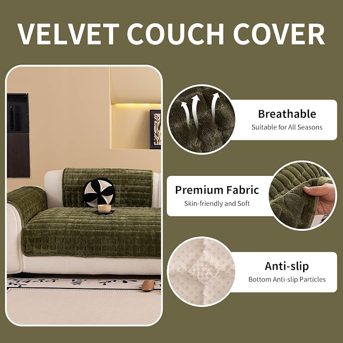 Velvet Couch Cover, Washable Sectional Sofa Cover, Anti Slip Sofa Slipcover for 3 Cushion Couch Sofa L Shaped Armrest Backrest, Furniture Protector Covers for Pets Kids(1PC,Green,36"×63")