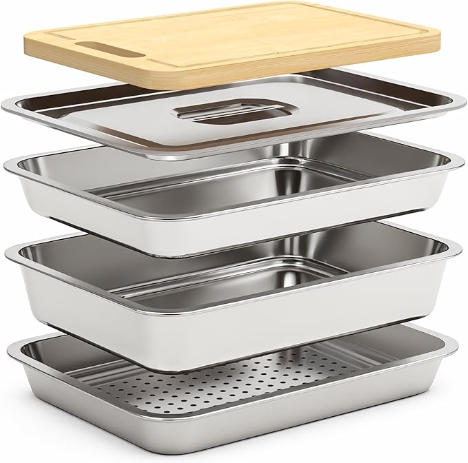 Grilling Prep and Serve Trays with Mesh Tray, Stainless Steel Grilling Prep and Serve Tray, Marinade Container with Lid, Mesh Tray, Cutting Board, BBQ Grill Accessories, Grilling Gifts for Mens