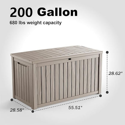 PatioZen 200 Gallon Deck Box,Resin Outdoor Storage Box with Lockable for Patio Furniture, Pool Accessories, Garden Tools Waterproof Outside Storage Box (Grey)