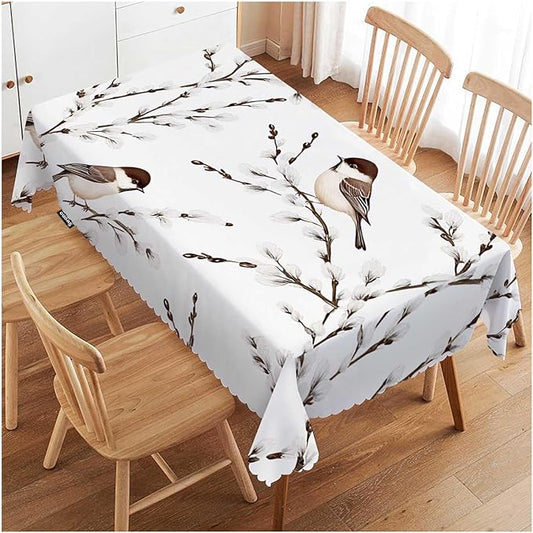 Swono Bird Tablecloth Willow Branches and Birds Chickadee Decorative Oblong Table Cover for Kitchen, Dining, Party Banquet and Holiday Tablecloth, 52x70 Inch(4-6 Seats)