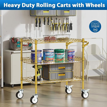 Leteuke 3 Tier Rolling Carts with Wheels, Heavy Duty Rolling Utility Cart | NSF Commercial Grade Metal Cart with Handle&Shelf Liner,Trolley Serving Cart for Kitchen,Restaurant,Plant Display,Gold