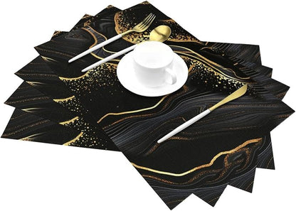 Black Gold Marble Texture Placemats Set of 4, Black Table Mats | Heat Resistant Washable Linen Place Mats for Kitchen Dining Table Farmhouse 12"x18", Black Gold Kitchen Decor