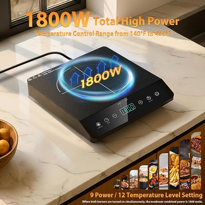 Portable Induction Cooktop Single Burner 1800W, Touch Control Plug in | ETL-Certified, 3 Hour Timer, 12 Temp From 140℉ to 465℉, Child Lock, Portable Countertop 110V Plug Design for Kitchen RV Dorm
