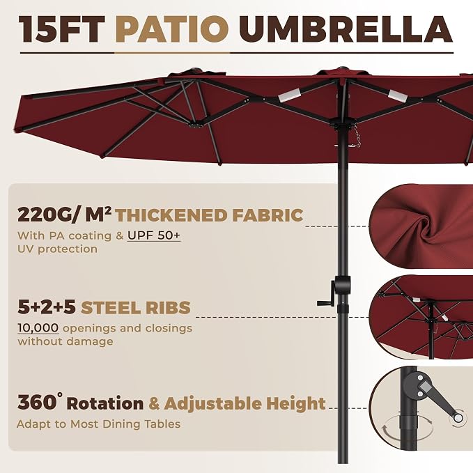 GDPFN 15FT Large Patio Umbrella, Outdoor Deck Standing Umbrella with Crank Handle, Double-Side Rectangular Pool Umbrella for Outside, Market, Patio, Burgundy (Base Not Include)