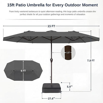 15FT Large Patio Umbrella with Base, Double Sided Rectangular Outdoor Umbrella with Sturdy Fiberglass Ribs, UPF 50+ Sun Protection, Wind-Resistant, Waterproof Fade-Resistant Fabric for Pool, Garden, Backyard, Deck(Gray)
