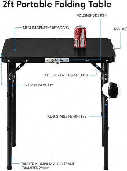 Folding Table Small, 24''L x16''W Camp Aluminum Table with Adjustable Height Legs, Indoor Outdoor Lightweight Portable Folding Aluminum Dining Table for Picnic Camping 2-Feet All Black（10"/19"/27）