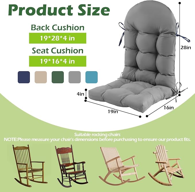 Rocking Chair Cushions, Indoor/Outdoor Adirondack Chair Cushion, Waterproof and Fade-Resistant Rocking Chairs Pads, Non-Slip Tufted High Back Patio Chairs Cushion with Ties, 44x19x4 Inch, Light Grey