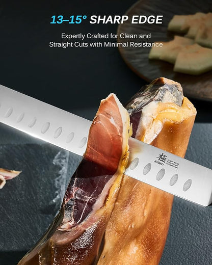 KYOKU 12" Slicing Knife, Daimyo Series Brisket Knife for Meat Cutting with Rosewood Handle, Japanese Style 440C Stainless Steel Meat Carving Knife for BBQ Turkey Ham Rib Roast with Sheath and Case