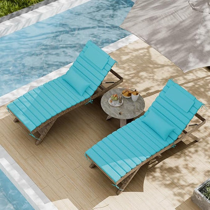 2 Sets of Outdoor Water-Resistant Olefin Chaise Lounge Cushions with Headrest and Pillow, Weather and Fade Resistant Foldable Quilted Lounge Chair Pads with Straps, Turquoise, 73" L x 22" W