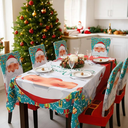 7 Pcs Christmas Tablecloth and Chair Covers Set Stretchable Washable Red Santa Holiday Table Cover and Seat Protector Slipcovers for Xmas Dining Room Kitchen Party(Rectangle,55 x 80 Inch)