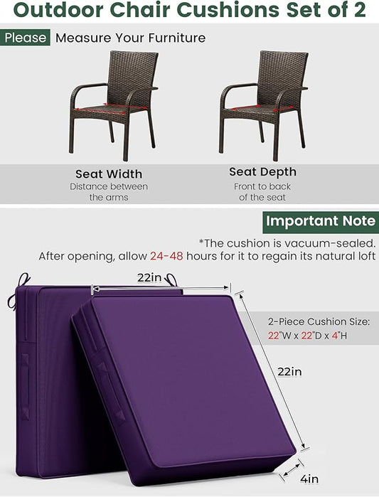 Outdoor Chair Cushion 22 x 22 x 4 Inches Patio Furniture Outdoor Waterproof Seat Cushion, Patio Chair Cushion with Handles and Ties, Square Dining Chair Cushion Set of 4, Purple