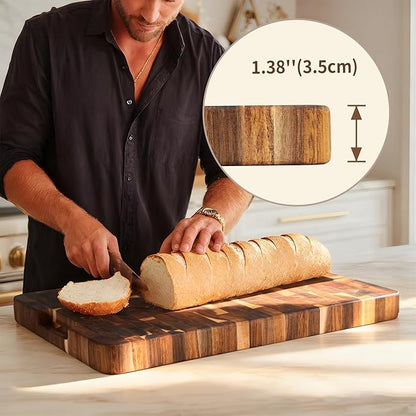 Utoplike Acacia Cutting Board 17 x 12 IN, Wood End Grain Chopping Board with Single-side Juice Groove and Handles, Reversible Butcher Block for Meat, Vegetables, 1.38"Th