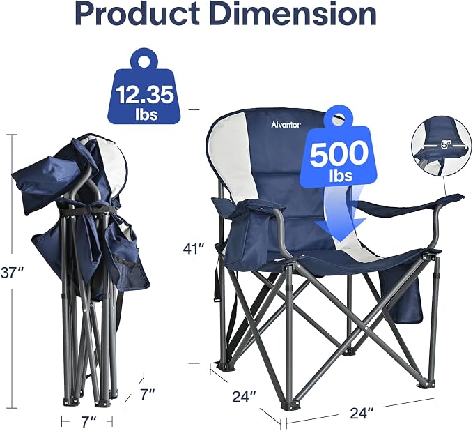 Alvantor 2PC Heavy Duty Folding Camping Chair, 500 LBS Oversized Outdoor Chair with Padded 600D Nylon Seat, Insulated Cooler Pocket, Portable for Hiking, Sports, Backyard