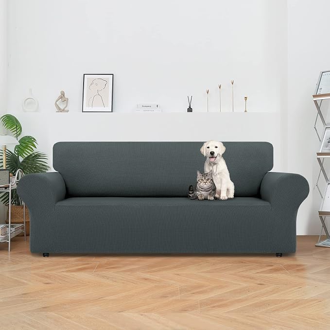 LURKA Stretch Couch Cover for Sofa, 1 Piece 3 Cushion Slipcover, Grey | Soft Stretch Jacquard, Fits 78"-94" Sofas, Elastic Bottom for Secure Fit, Machine Washable, Pet & Kid Friendly