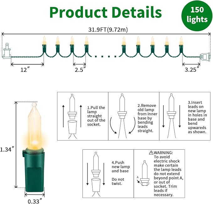 Clear Christmas String Lights, 150 Count 31.9Ft Incandescent Mini Bulb Lights, Green Wire Waterproof Indoor Outdoor String Lights for Xmas Tree, Garland, Wedding, Party & Holiday Decor