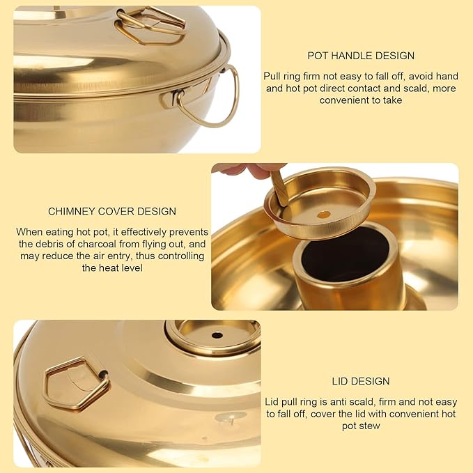 Portable Charcoal Hot Pot, Stainless Steel Round Dry Ice Pot for One Person, Milk Tea Hot Pot for Camping Office Hotel Home Compatible with Induction Gas Electric Ceramic Stove Top (Gold, 9.1 inch)