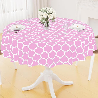 Smiry Round Plastic Table Cloth, Waterproof Vinyl Tablecloth with Flannel Backing for Round Tables, Wipeable Spillproof Tablecloths for Dining, Camping, Indoor and Outdoor (60" Round, Pink)