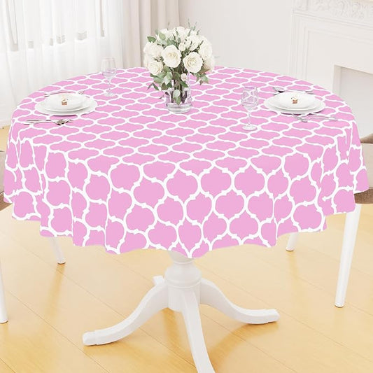 Smiry Round Plastic Table Cloth, Waterproof Vinyl Tablecloth with Flannel Backing for Round Tables, Wipeable Spillproof Tablecloths for Dining, Camping, Indoor and Outdoor (60" Round, Pink)